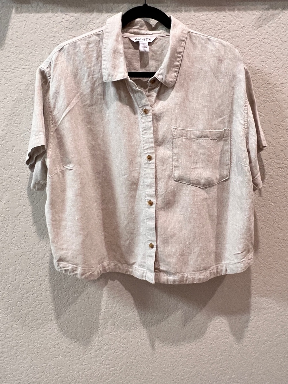 Athleta Retreat 100% Linen Short Sleeve Collared Shirt Natural Beige Size XL - Picture 3 of 11